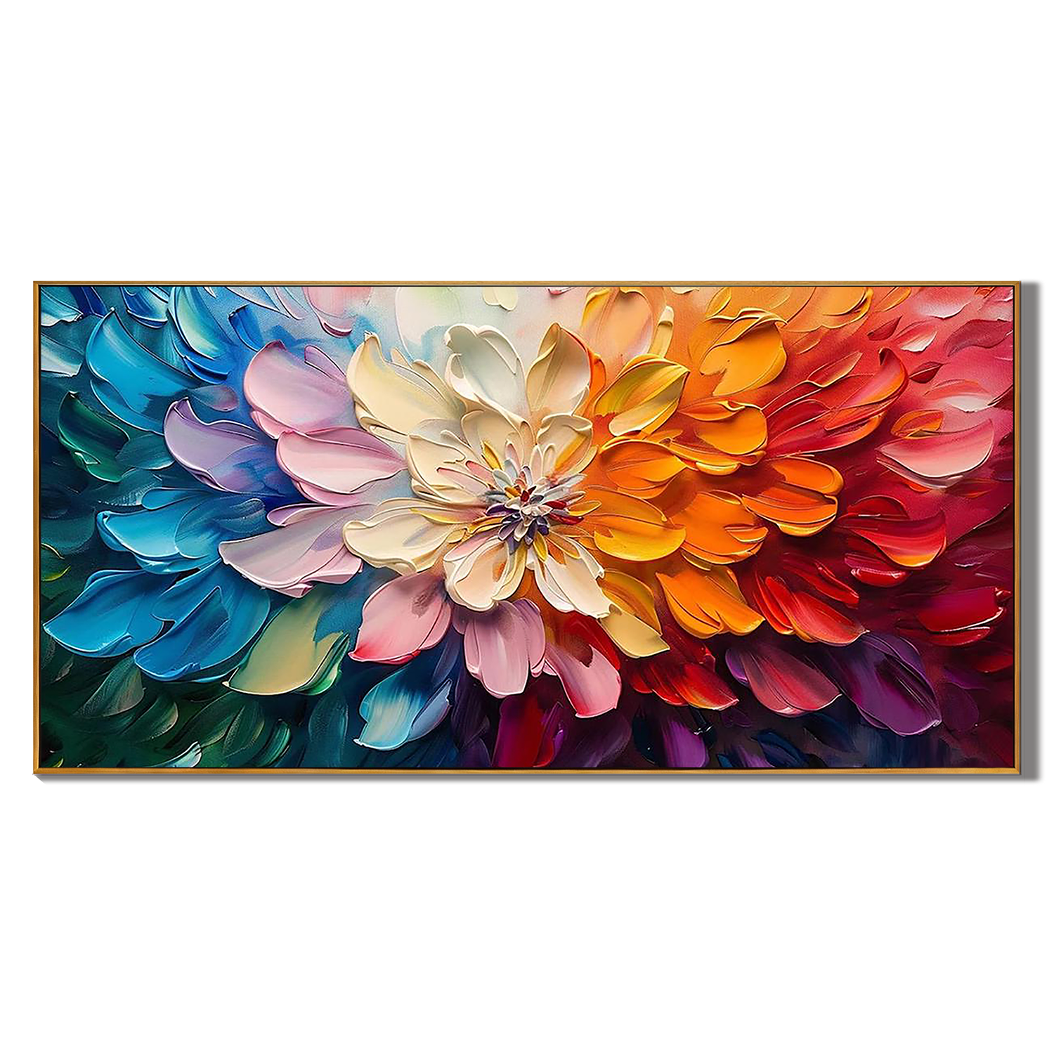 SPECTRUM BLOOM: Floral Wall Art, Hand-Painted Multicolored 3D Impasto Flower Heavy Texture Oil Painting