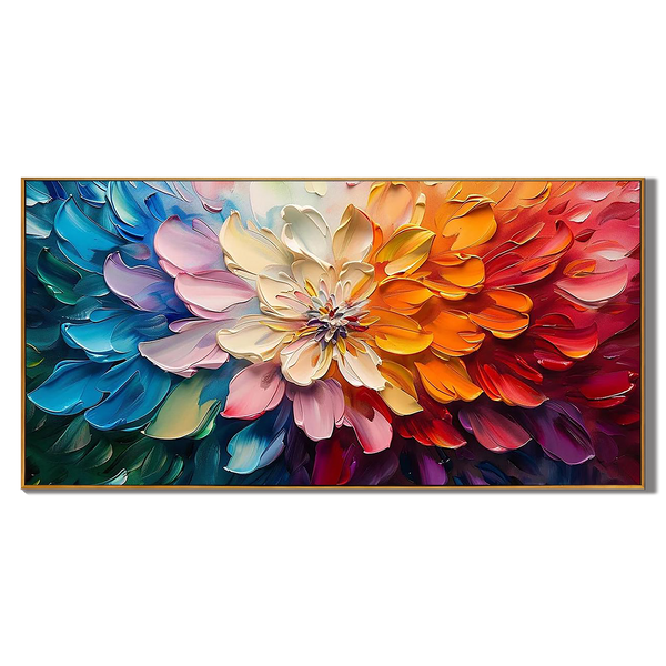 Spectrum Bloom – Hand-Painted Multicolored 3D Impasto Flower Heavy Texture Oil Floral Painting | Vibrant Botanical Living Room & Dining Room Art