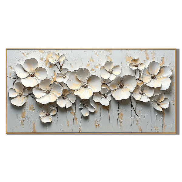 Golden Radiance – Modern Luxury White and Gold Floral Painting | Heavy Textured Living Room Art