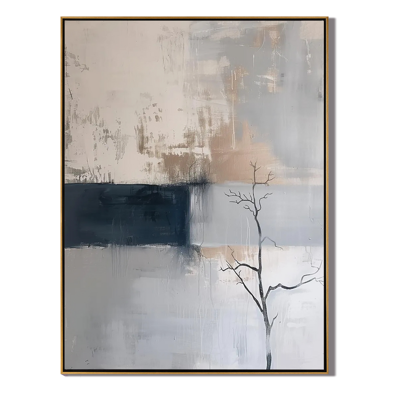 Silent Branch – Modern Neutral Grey & Sand Textured Canvas Wabi-Sabi Painting | Japandi Organic Wabi-Sabi Living Room & Hallway Art