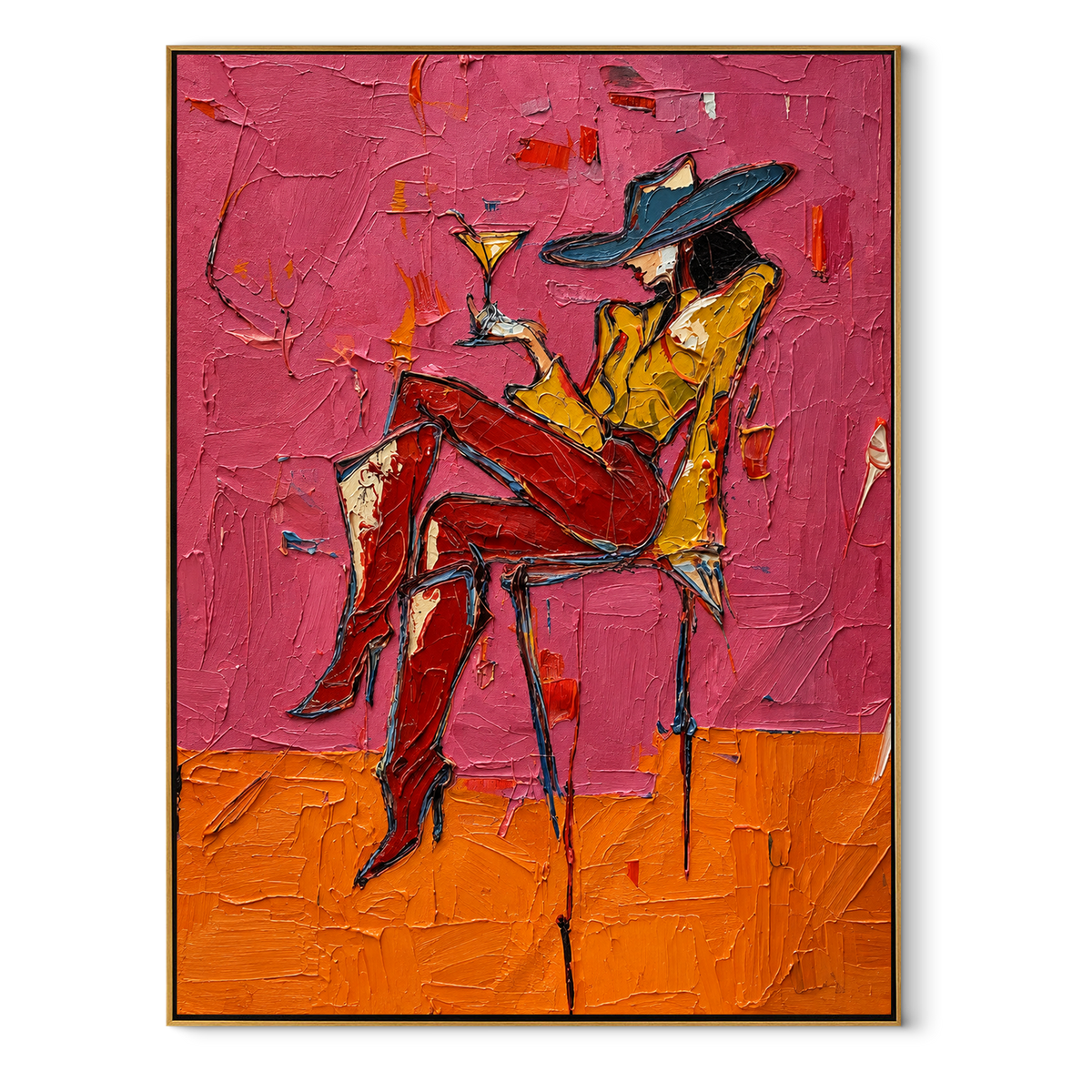 Magenta Hour – Woman with Cocktail Portrait Painting | Vintage Americana Vertical Art