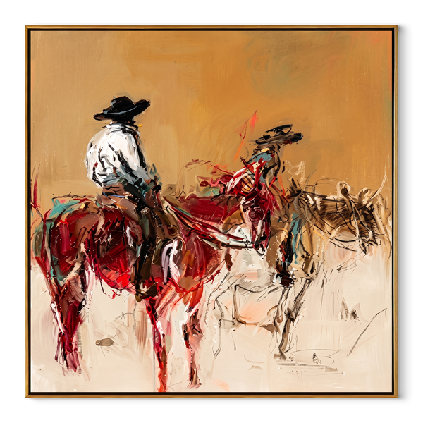 Red Riders Cross Dust – Two Horse Riders Painting | Contemporary Western Square Wall Art