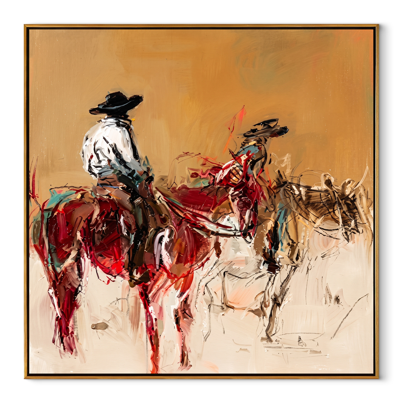 Red Riders Cross Dust – Two Horse Riders Painting | Contemporary Western Square Wall Art