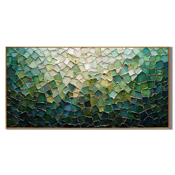 Emerald Mosaic – Hand-Painted Emerald Green and Mint 3D Plaster Relief Texture Painting | Modern Abstract Living Room & Office Art