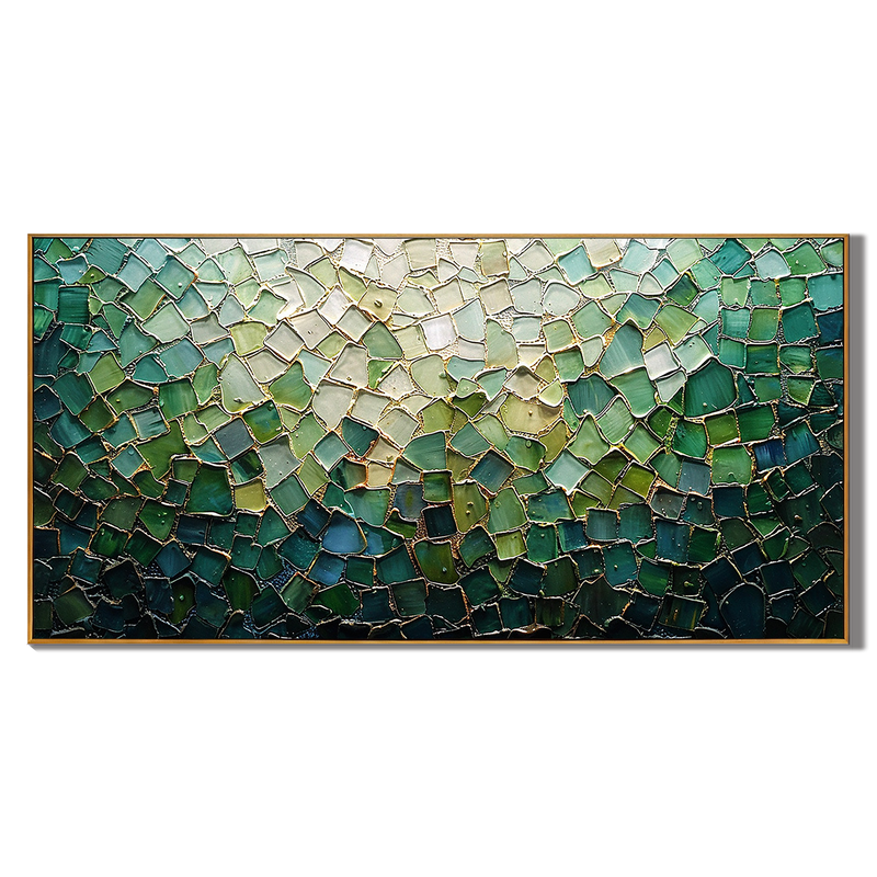 Emerald Mosaic – Hand-Painted Emerald Green and Mint 3D Plaster Relief Texture Painting | Modern Abstract Living Room & Office Art