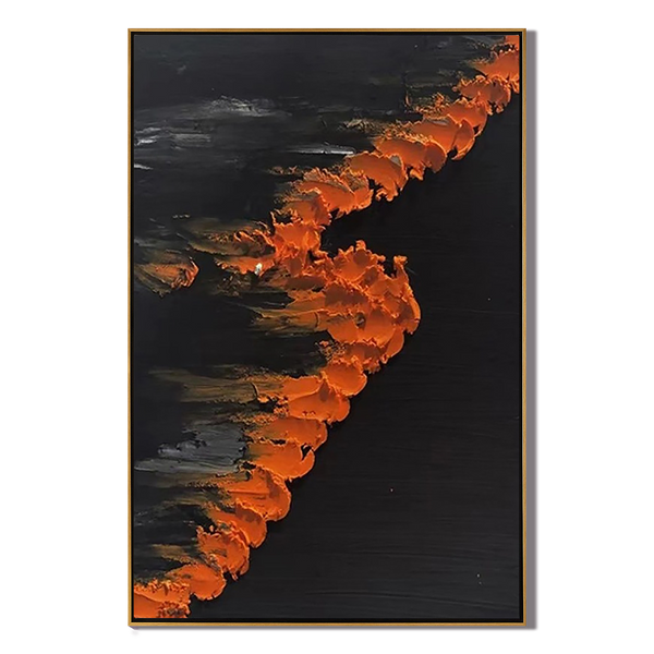 Midnight Flare – Modern Minimalist Black & Orange Impasto Abstract Art | Luxury Dramatic Hallway Art