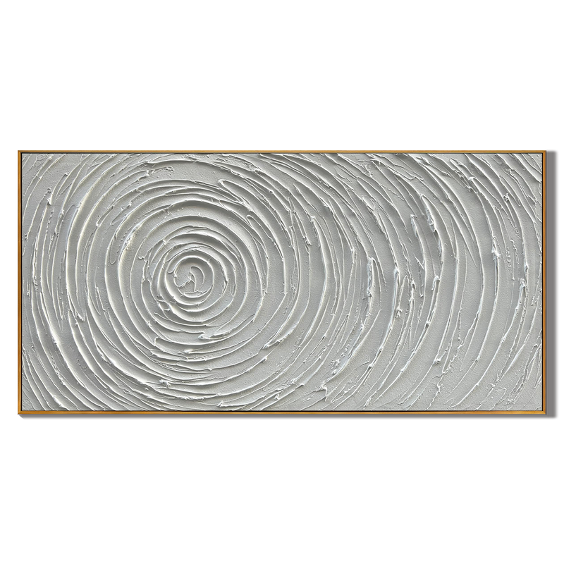 Lunar Ripples – Minimalist White Spiral Relief Texture Painting | Modern Minimalist Bedroom & Home Office Art