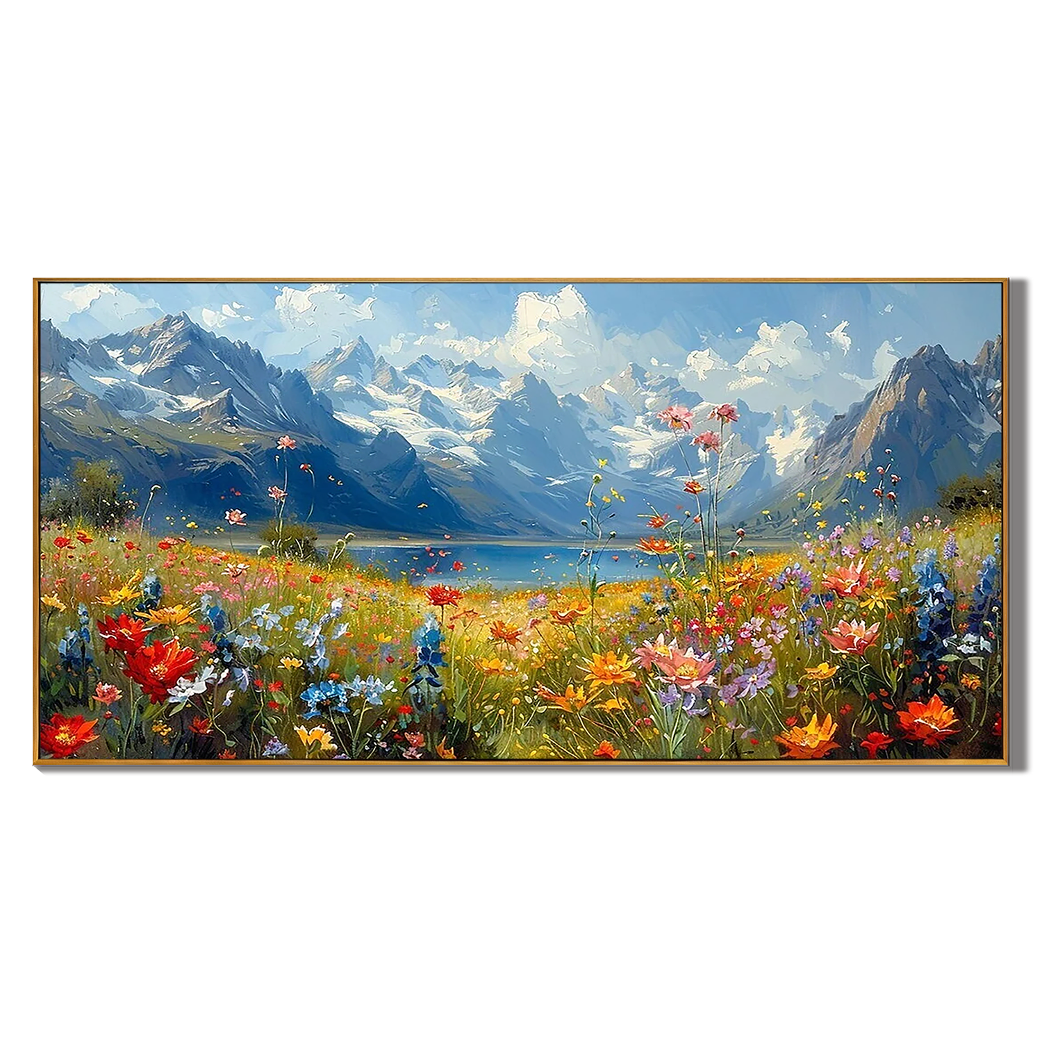 ALPINE BLOOM: Landscape Art, Hand-Painted Horizontal Snow Mountain and Wildflower Lake 3D Textured Canvas Painting