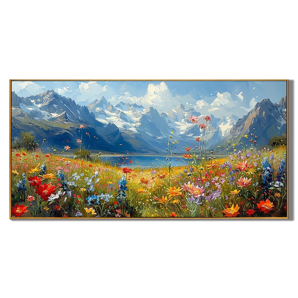 Alpine Bloom – Hand-Painted Snow Mountain and Wildflower Lake Landscape Painting | Contemporary Botanical Bedroom & Living Room Art