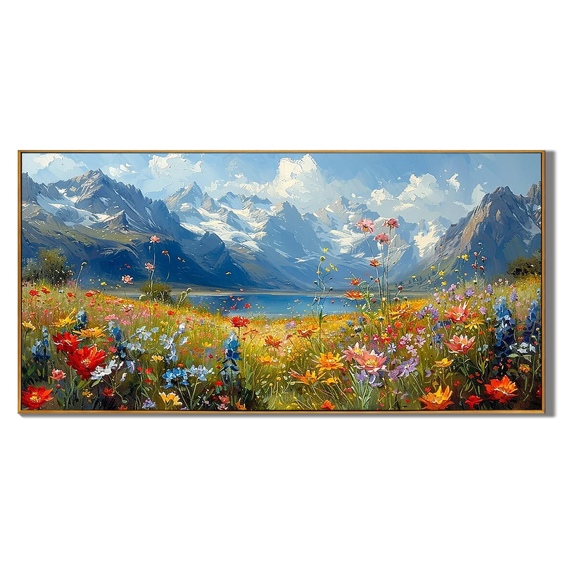Alpine Bloom – Hand-Painted Snow Mountain and Wildflower Lake Landscape Painting | Contemporary Botanical Bedroom & Living Room Art