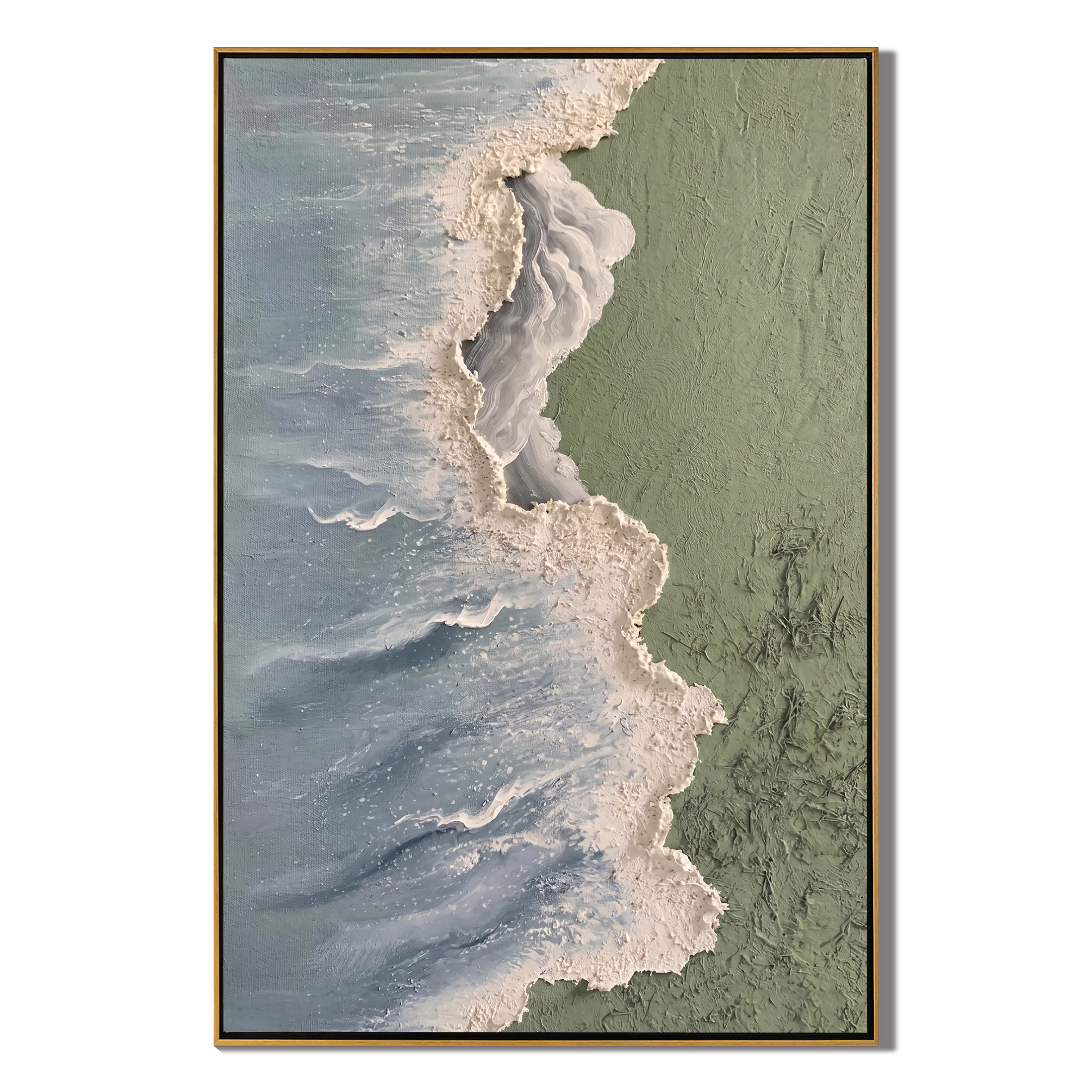 Echoes of the Shore - Wabi-Sabi Sage Green Heavy Textured Waves | Minimalist Abstract Entryway Art