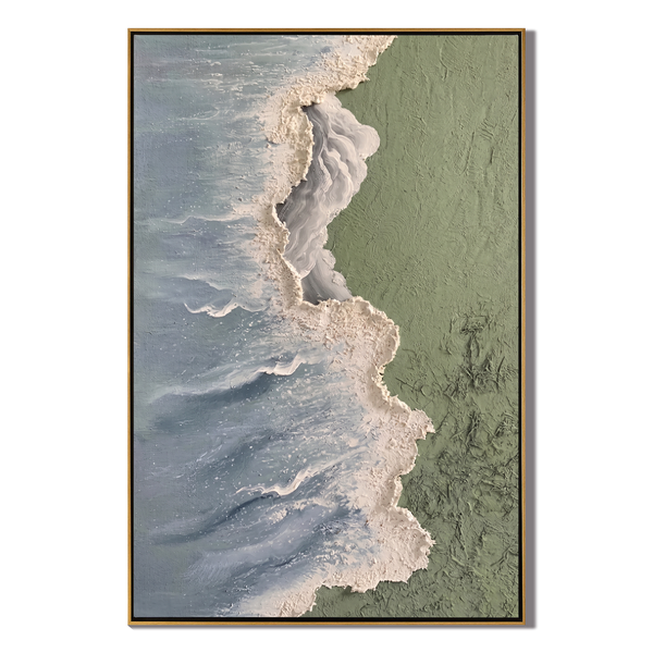 Echoes of the Shore – Wabi-Sabi Sage Green Heavy Textured Waves | Minimalist Abstract Entryway Art