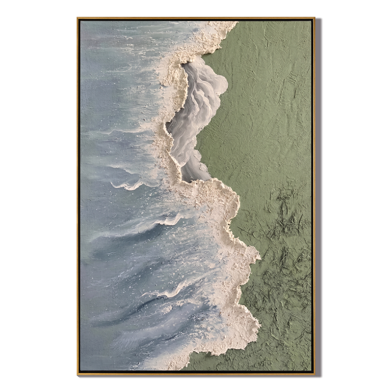 Echoes of the Shore – Wabi-Sabi Sage Green Heavy Textured Waves | Minimalist Abstract Entryway Art