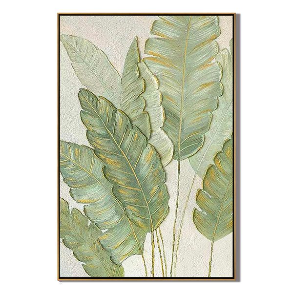 Emerald Whisper – Left-Facing Botanical Relief with Gold Edges Texture Painting | Modern Luxury Botanical Bedroom & Living Room Art