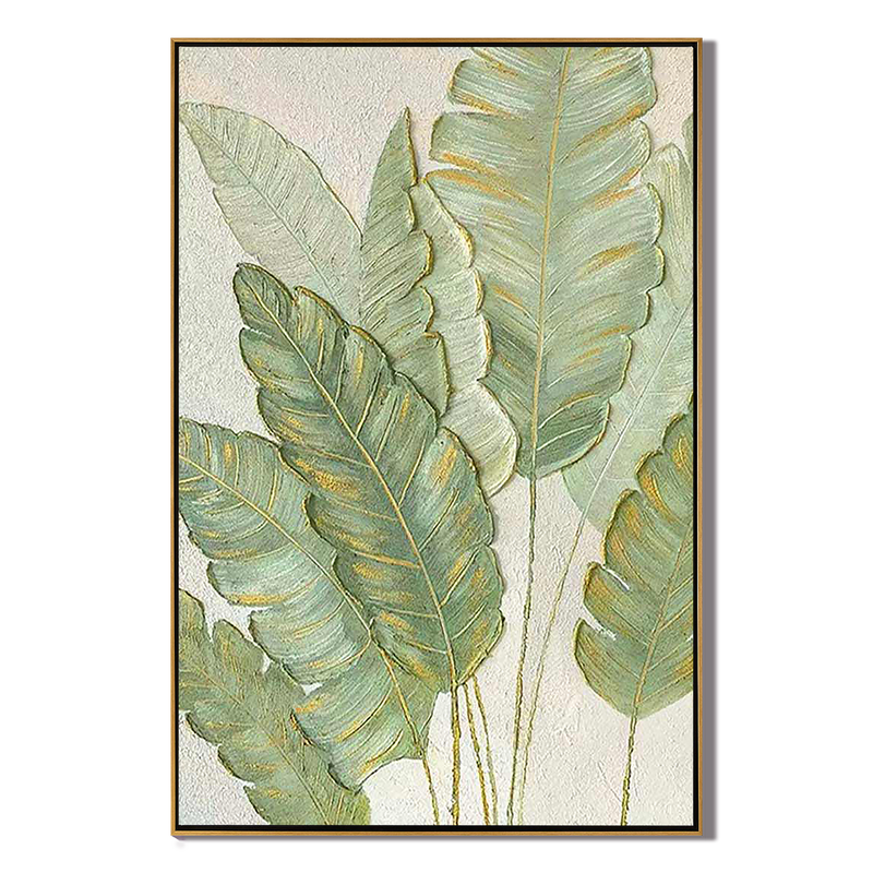 Emerald Whisper – Left-Facing Botanical Relief with Gold Edges Texture Painting | Modern Luxury Botanical Bedroom & Living Room Art