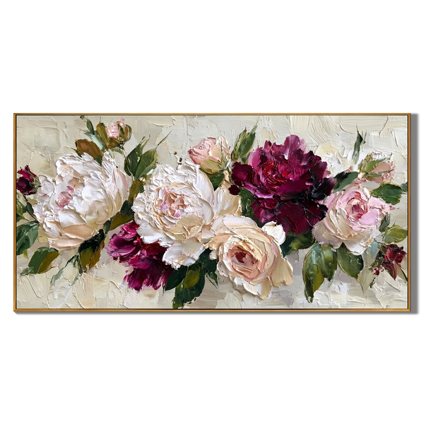 Velvet Kiss – Modern Impasto Burgundy and Cream Peony Canvas | Luxury Romantic Living Room Art