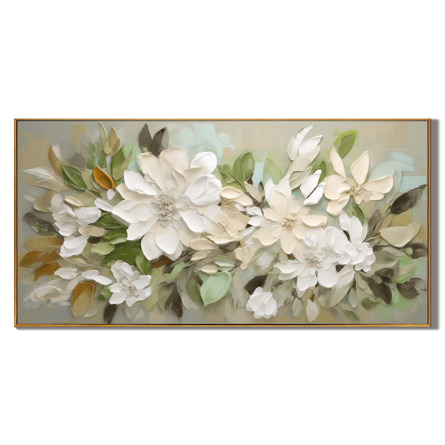 MAGNOLIA MIST: Floral Wall Art, Hand-Painted Horizontal Sage Green and Off-White 3D Impasto Plaster Relief Canvas Painting