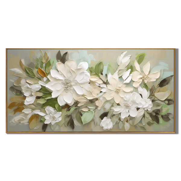 Magnolia Mist – Hand-Painted Sage Green and Off-White 3D Impasto Plaster Relief Floral Painting | Tropical Botanical Bedroom & Dining Room Art