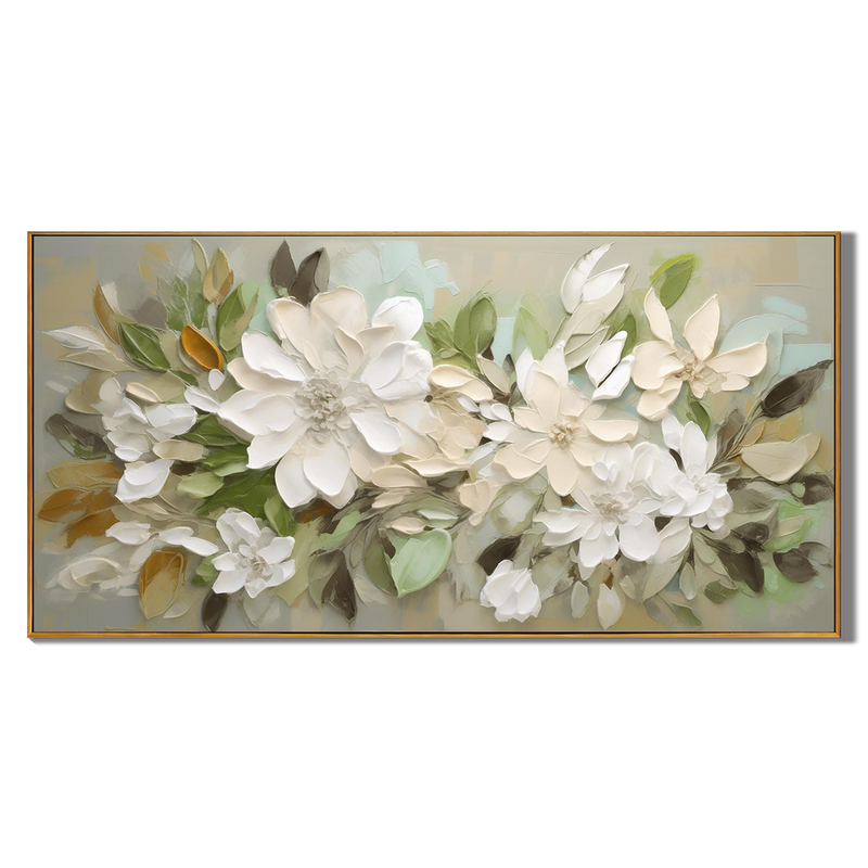 Magnolia Mist – Hand-Painted Sage Green and Off-White 3D Impasto Plaster Relief Floral Painting | Tropical Botanical Bedroom & Dining Room Art