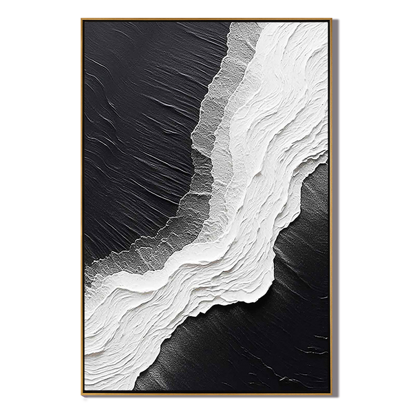 Monochrome Ridge – Hand-Painted Black and White 3D Plaster Relief Texture Painting | Heavy Texture Studio Art