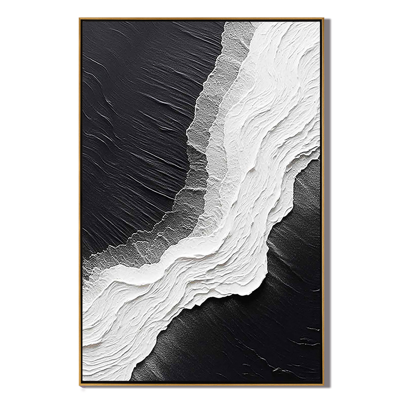 Monochrome Ridge – Hand-Painted Black and White 3D Plaster Relief Texture Painting | Heavy Texture Studio Art