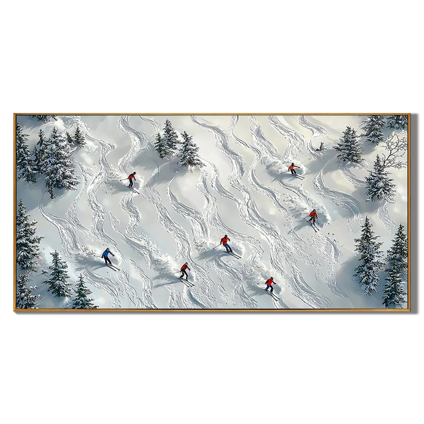 Alpine Trails – Hand-Painted Aerial View Skiers 3D Textured Snow Mountain Sport Painting | Contemporary Mountain Living Room & Home Office Art