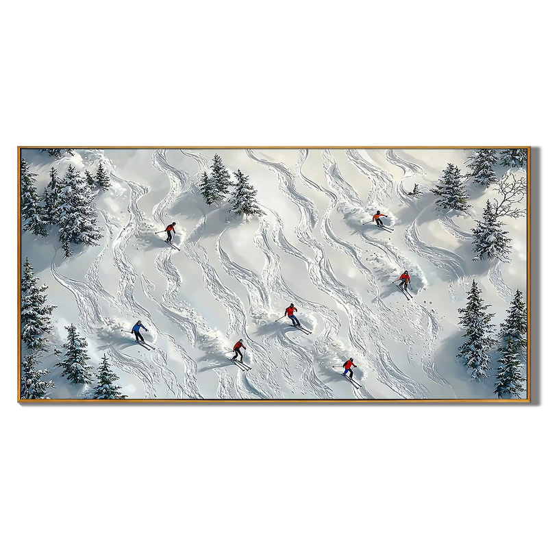 Alpine Trails – Hand-Painted Aerial View Skiers 3D Textured Snow Mountain Sport Painting | Contemporary Mountain Living Room & Home Office Art
