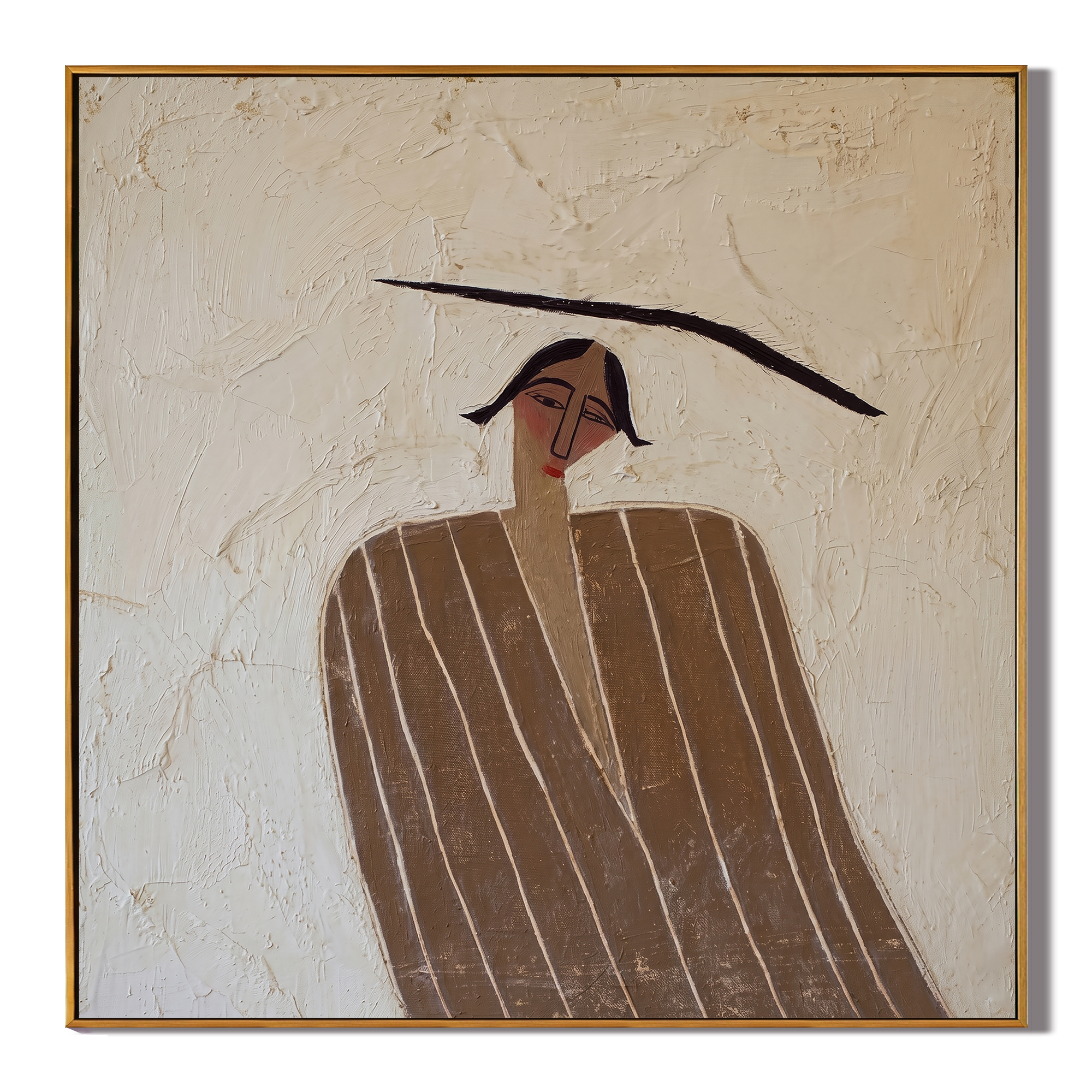 The Cream Solitude – Wabi-Sabi Heavy Textured Woman Portrait Painting | Minimalist Square Hallway Art