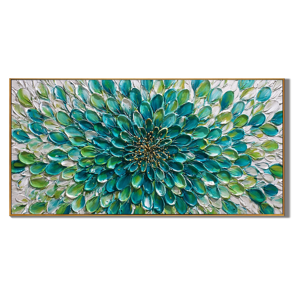 Emerald Rhythm – Modern Impasto Abstract Oil Painting | Textured Floral Panorama Living Room Art