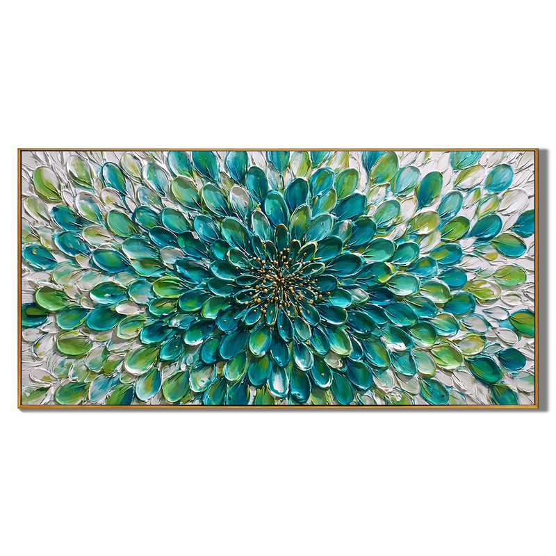 Emerald Rhythm – Modern Impasto Abstract Oil Painting | Textured Floral Panorama Living Room Art