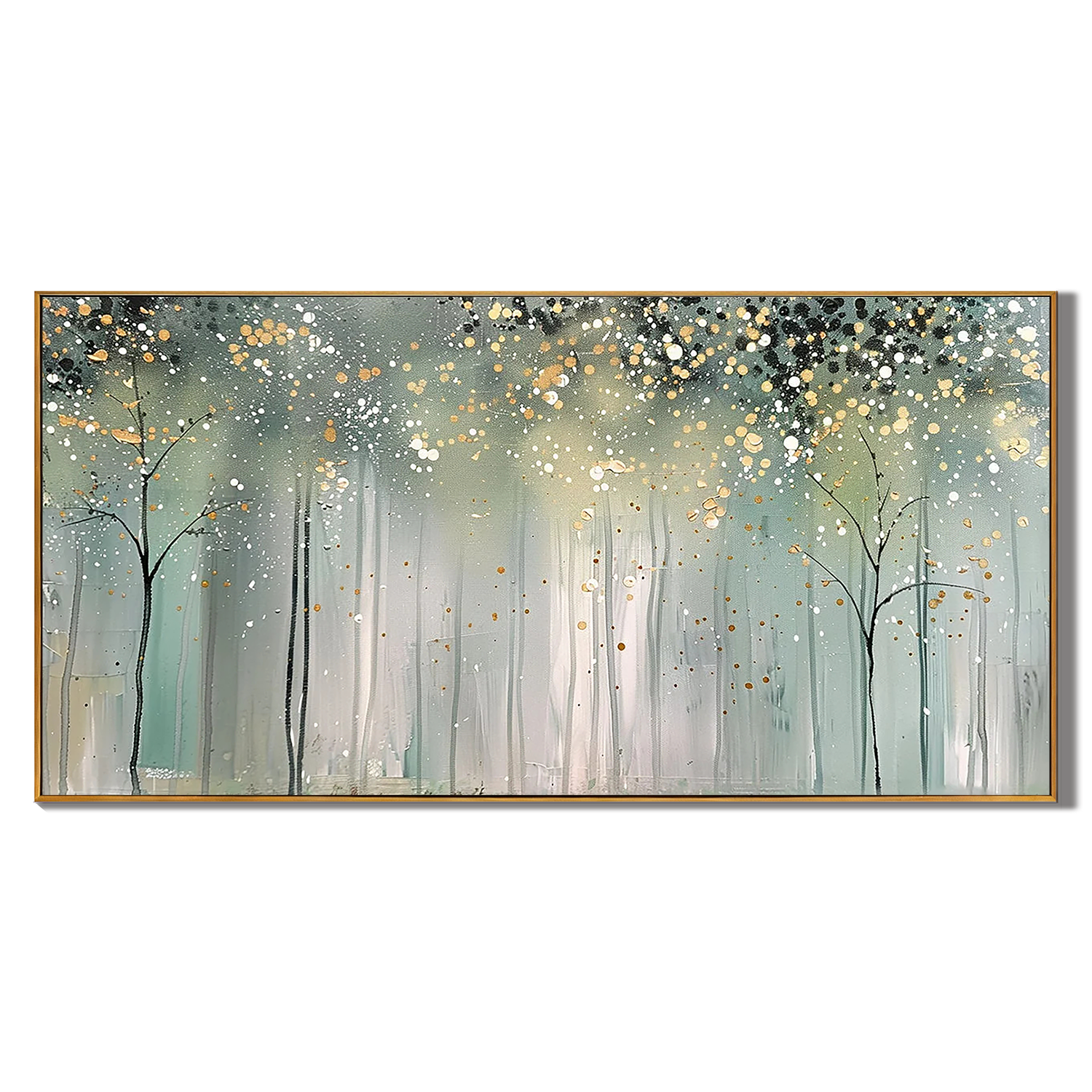 STARDUST FOREST: Landscape Wall Art, Hand-Painted Abstract Gold Pointilism Forest Scene Textured Canvas Art