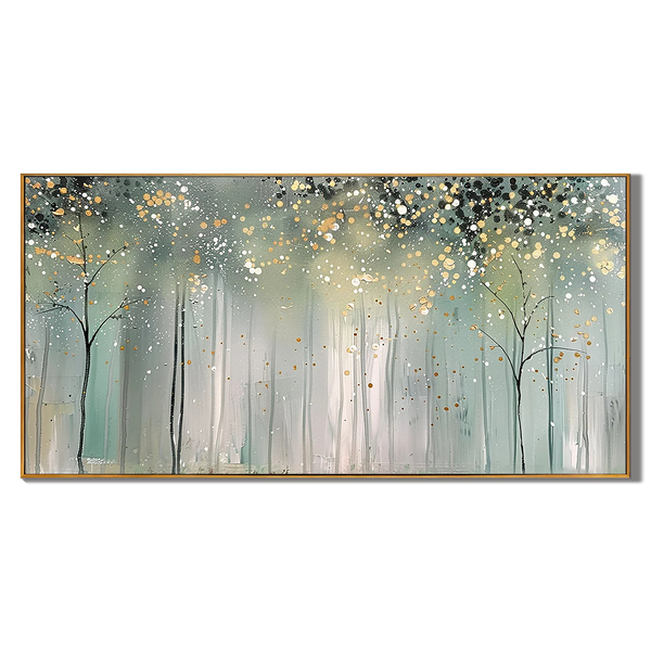 Stardust Forest – Hand-Painted Abstract Gold Pointilism Forest Scene Landscape Painting | Contemporary Landscape Living Room & Dining Room Art