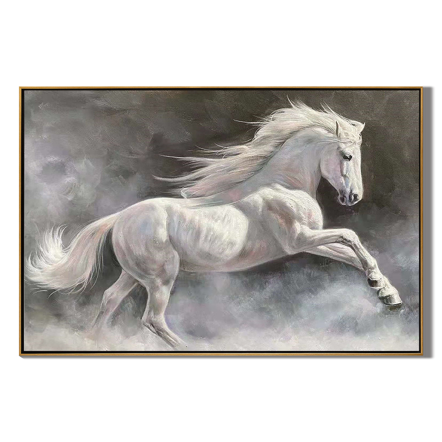 MISTY GALLOP: Panoramic White Horse Wall Art, 3D Heavy Texture Running Horse Art