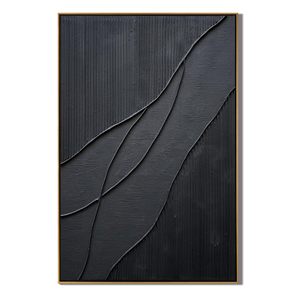 Midnight Flow – Minimalist Black Wave Relief Texture Painting | Modern Minimalist Bedroom & Home Office Art