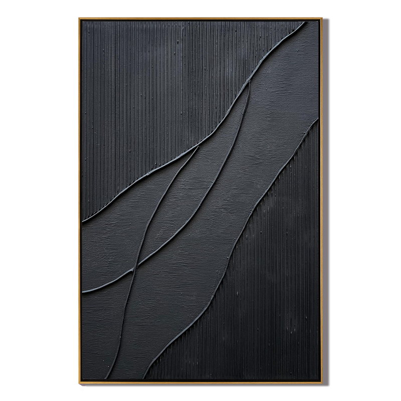 Midnight Flow – Minimalist Black Wave Relief Texture Painting | Modern Minimalist Bedroom & Home Office Art