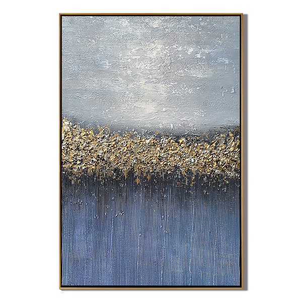 Galactic Reflection – Hand-Painted Navy Blue and Gold Foil Starry Sky 3D Plaster Effect Texture Painting | Coastal Modern Living Room & Bedroom Art