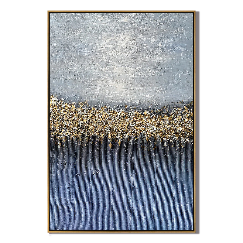 Galactic Reflection – Hand-Painted Navy Blue and Gold Foil Starry Sky 3D Plaster Effect Texture Painting | Coastal Modern Living Room & Bedroom Art