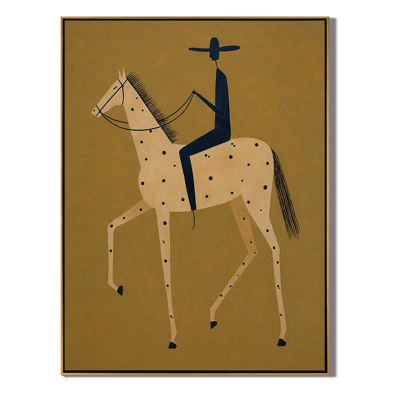 Ink Rider on Gold – Vintage Americana Dark Rider on Appaloosa Horse Painting | Contemporary Minimalist Hallway Art