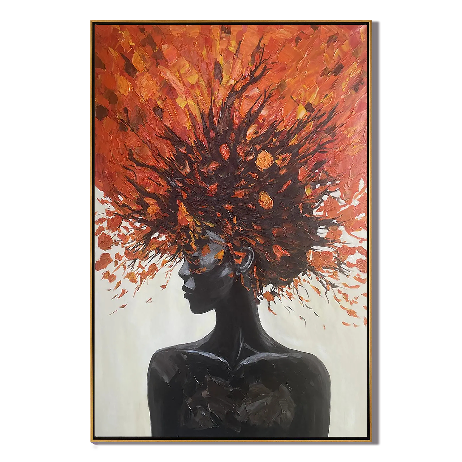 EMBER SPIRIT: Abstract Portrait of Black Woman, Heavy Texture Orange & Gold Palette Knife Art