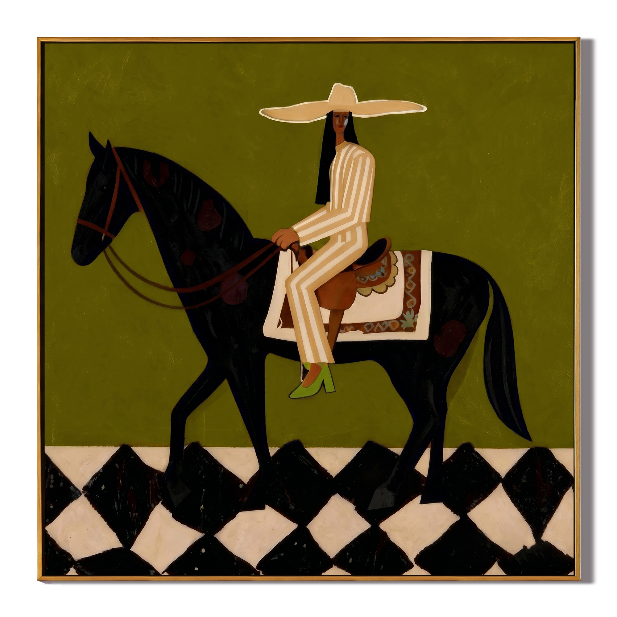 The Emerald Promenade – Modern Olive Green Black Horse Painting | Chic Checkerboard Square Hallway Art