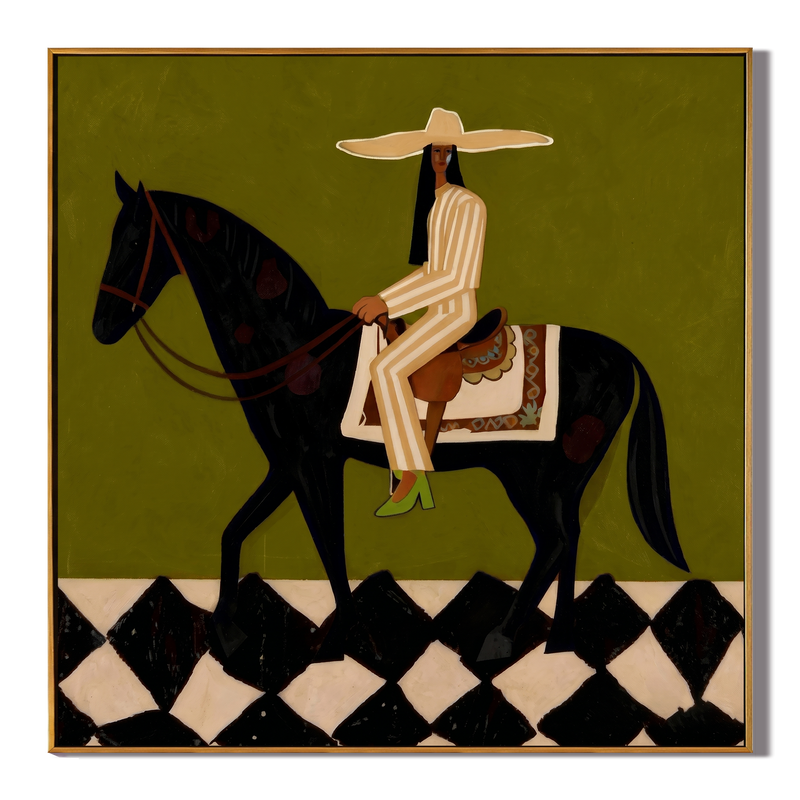 The Emerald Promenade – Modern Olive Green Black Horse Painting | Chic Checkerboard Square Hallway Art