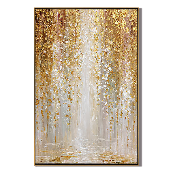Gilded Rain – Modern Abstract Gold Leaf Waterfall Painting | Luxury Heavy Impasto Dining Room Art