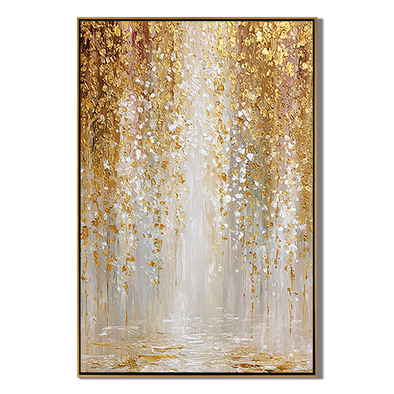 Gilded Rain – Modern Abstract Gold Leaf Waterfall Painting | Luxury Heavy Impasto Dining Room Art
