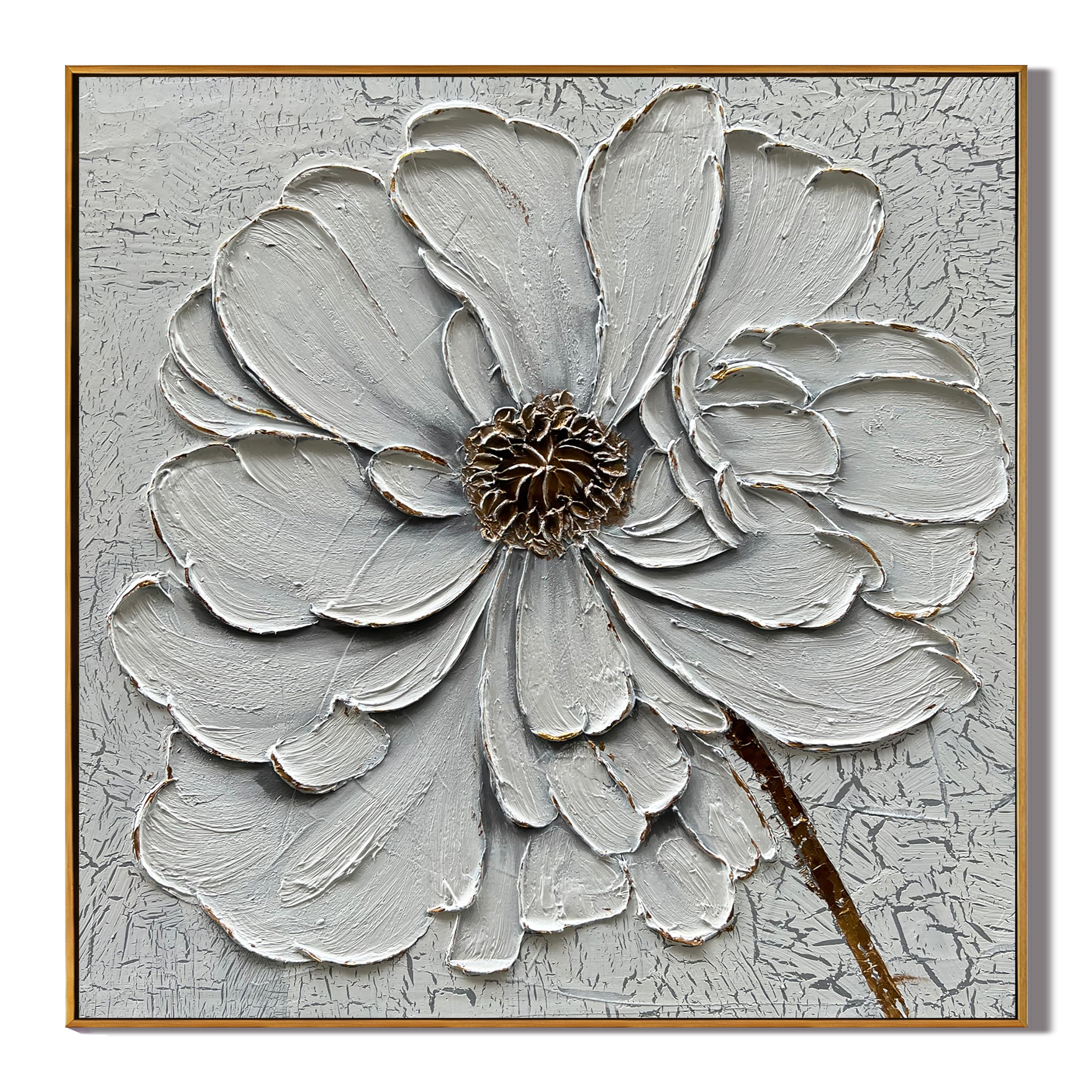 GOSSAMER BLOOM: 3D Heavy Texture Peony Wall Art, White Petal Relief with Gold Accents