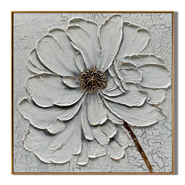 Gossamer Bloom – White Petal Relief with Gold Accents Texture Painting | Modern Luxury Botanical Bedroom & Living Room Art