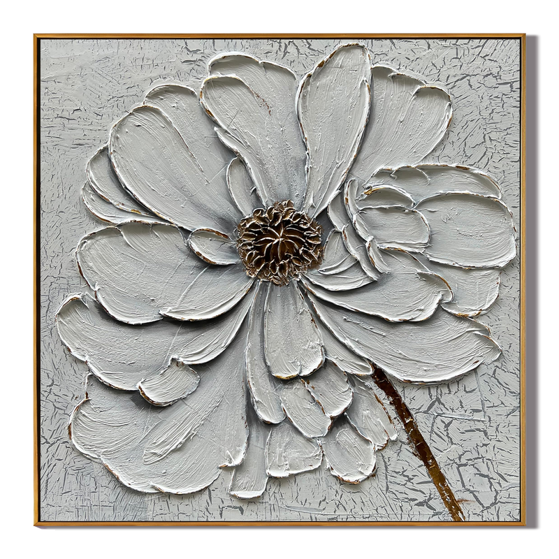 Gossamer Bloom – White Petal Relief with Gold Accents Texture Painting | Modern Luxury Botanical Bedroom & Living Room Art