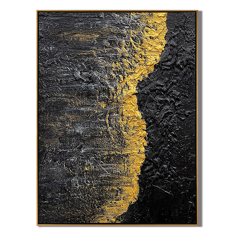 Golden Rift – Heavy Impasto Black and Gold Abstract Art | Luxury Minimalist Living Room Art