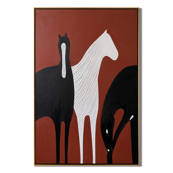 Crimson Equus - Vintage Americana Abstract Horse Trio Painting | Bold Modern Living Room Art