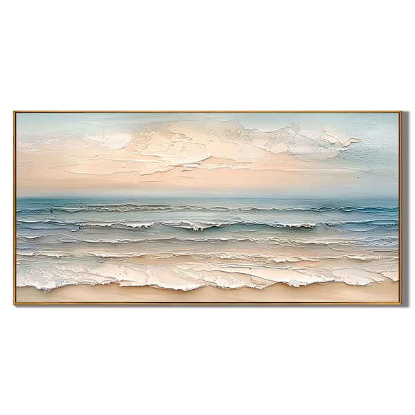 Ocean Whispers – Modern Creamy Coastal Seascape Textured Painting | Large Horizontal Living Room Art