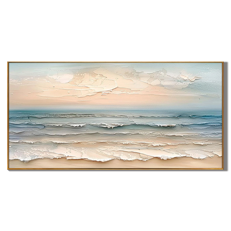 Ocean Whispers – Modern Creamy Coastal Seascape Textured Painting | Large Horizontal Living Room Art